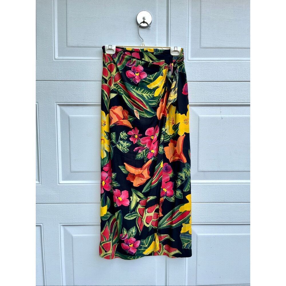 VTG Tropical Floral Sarong Wrap Midi Skirt Hawaiian Resort Cruise XS/S USA
